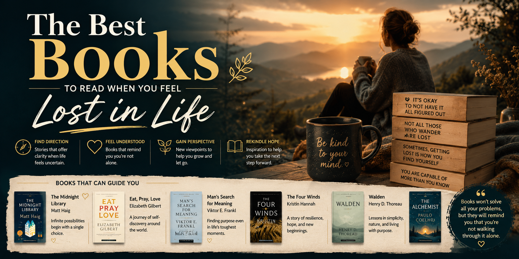 A thoughtful reader surrounded by comforting books while searching for direction in life