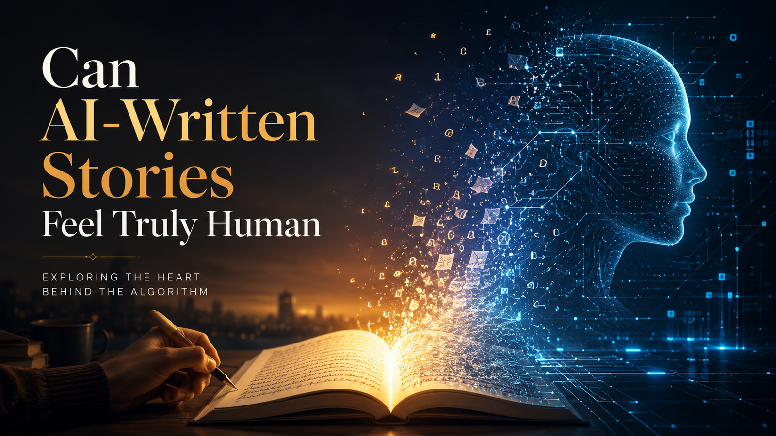 A human hand and a robotic hand writing opposite sides of the same story manuscript