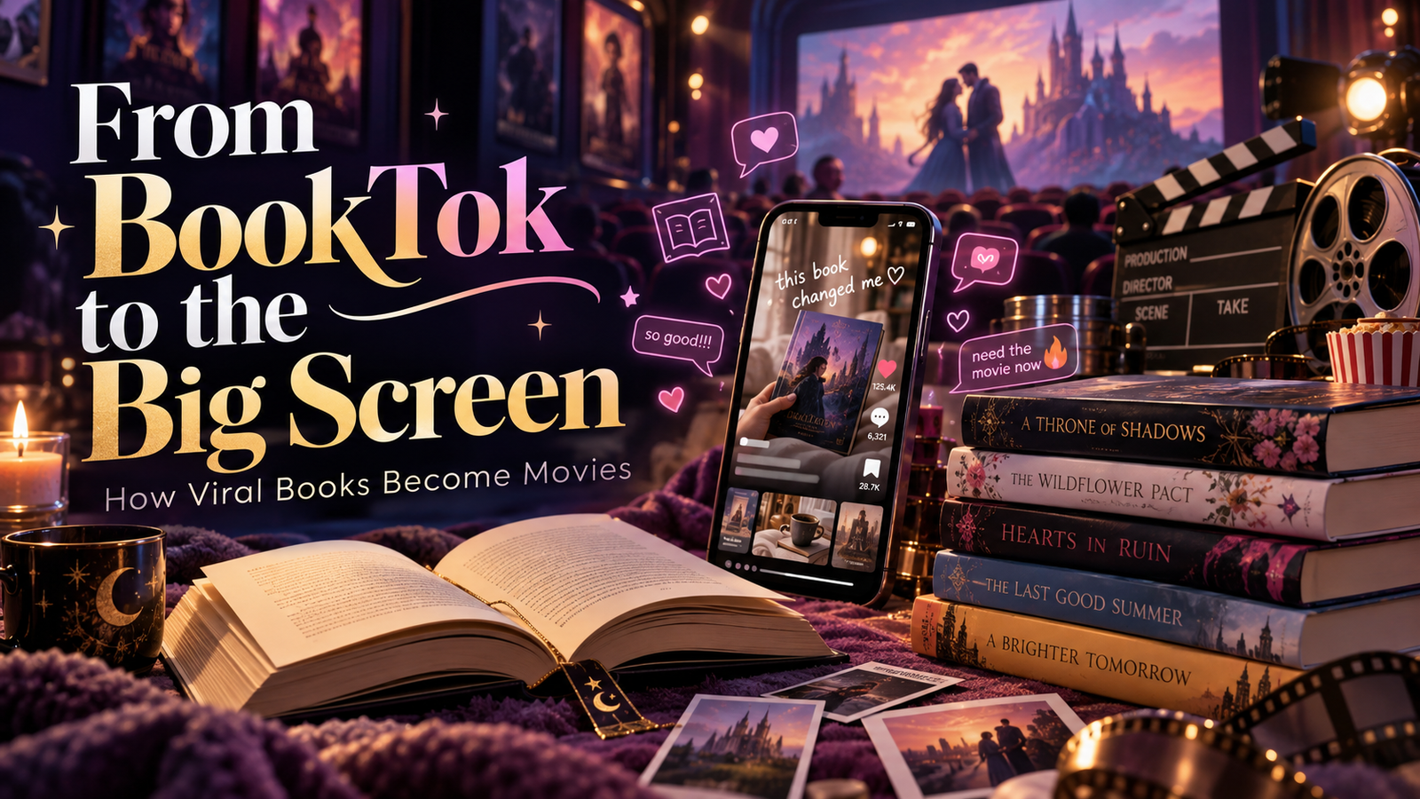 Books, a smartphone and a cinema screen representing the journey from BookTok to movie adaptation