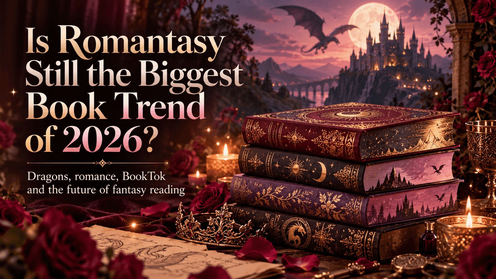 Fantasy romance books, dragon imagery, roses and magical reading atmosphere representing the romantasy trend of 2026