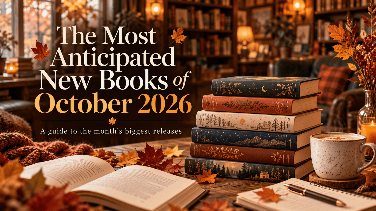 A curated stack of anticipated October 2026 books with autumn reading atmosphere