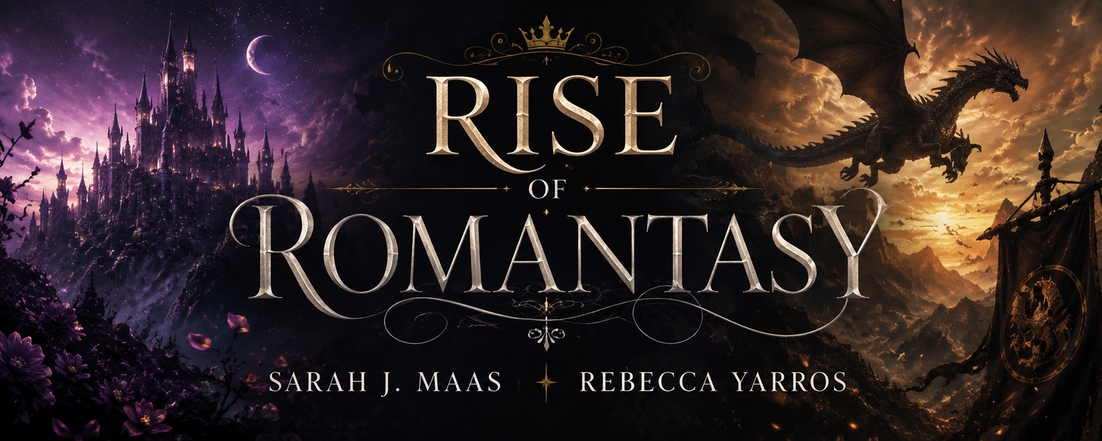 Sarah J. Maas and Rebecca Yarros books framed by dragons, roses and magical light for an article about the rise of romantasy