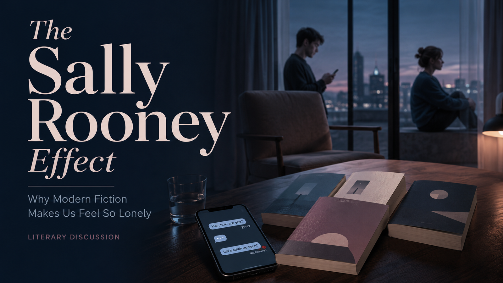 Sally Rooney novels beside a phone screen and an empty chair representing modern loneliness