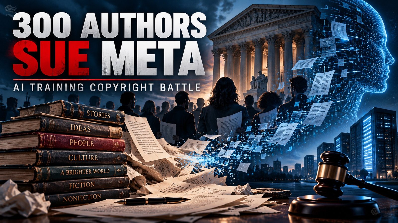 Editorial illustration of authors' copyright claims against Meta concerning AI training and books